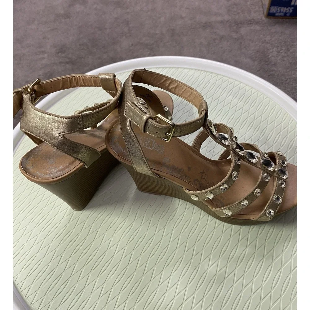 BRASH STRAPPY WEDGE HEELS SHOES SIZE 7‎ GOLD STRAPS WITH RHINESTONES 4